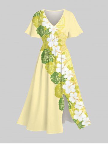 Robe Mi-Longue Fendue Fleur D'Hibiscus et Feuille Tropicale Imprimées de Grande Taille - YELLOW - M