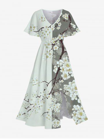 Plus Size Colorblock Peach Blossom Flower Branch Print Split Hawaii Midi Dress - MULTI-A - 4X