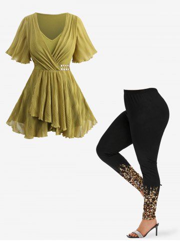 Jacquard Ruched Pearl Buckle Surplice Ribbed Textured Lettuce Hem Ruffles Blouse and Glitter 3D Print Leggings Plus Size Outfit - GREEN