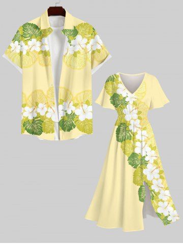 Tenue de Plage à Imprimé Fleurs et Feuilles Tropicales Grande-Taille pour Couples - YELLOW