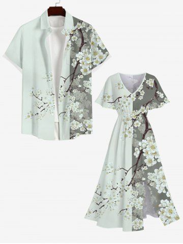 Colorblock Peach Blossom Flower Branch Print Plus Size Matching Hawaii Beach Outfit For Couples - GREEN