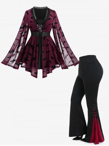 Gothic Bat Star Mesh Flocking Top with Removeable Pin and Lace Up Contrast Godet Hem Pants Plus Size Outfit - DEEP RED