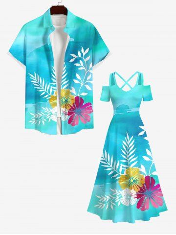 Tropical Leaf Floral Watercolor Tie Dye Ombre Print Plus Size Matching Hawaii Beach Outfit For Couples - LIGHT GREEN