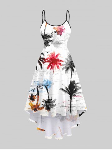 Plus Size Ink Painting Colorful Coconut Tree Print Hawaii High Low Asymmetric Cami Dress - CRYSTAL CREAM - XS