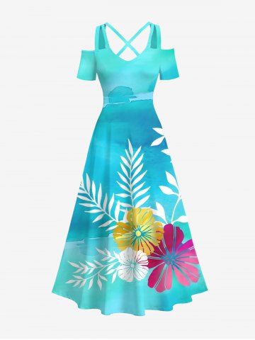 Plus Size Tropical Leaf Floral Watercolor Tie Dye Ombre Print Hawaii Crisscross A Line Maxi Dress - LIGHT GREEN - 3X