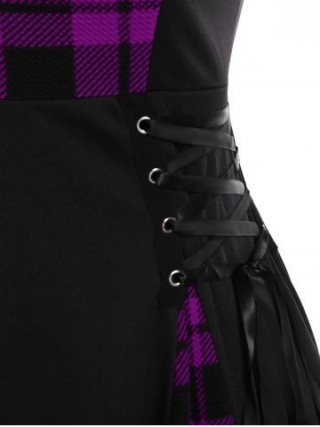 Gothic Plus Size Plaid Colorblock Print Lace Up Half Zipper Patchwork Fit and Flare Dress
