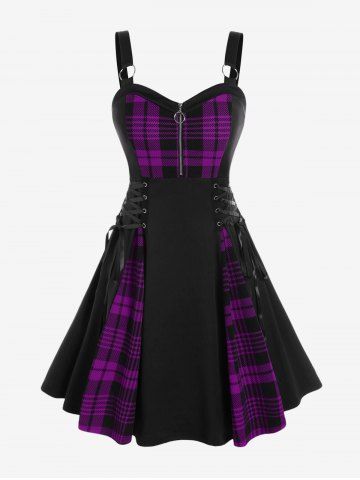 Gothic Plus Size Plaid Colorblock Print Lace Up Half Zipper Patchwork Fit and Flare Dress