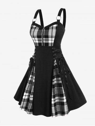 Plus Size Plaid Colorblock Print Lace Up Half Zipper Patchwork Fit and Flare Dress - WHITE - L | US 12