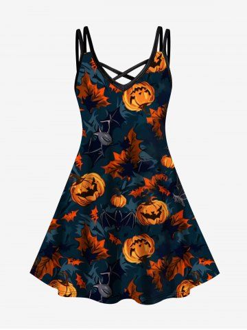 Plus Size Pumpkin Bat Maple Leaves Print Halloween Costume Crisscross A Line Cami Dress - BLACK - XS