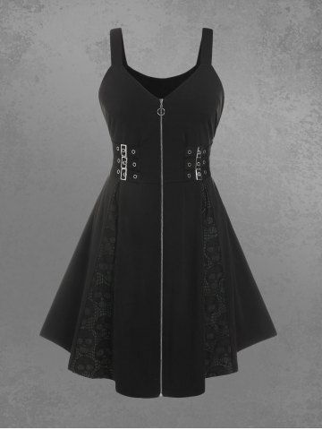 Plus Size Skull Mesh Lace Patchwork Full Zipper Straps Grommet Buckle A Line Tank Dress - MULTI-F - 2X | US 18-20