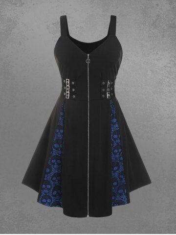 Plus Size Skull Mesh Lace Patchwork Full Zipper Straps Grommet Buckle A Line Tank Dress - MIDNIGHT BLUE - 2X | US 18-20