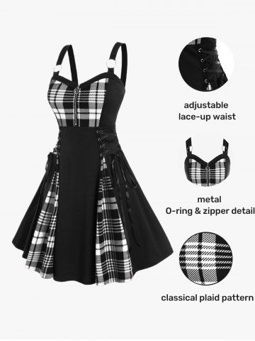 Gothic Plus Size Plaid Colorblock Print Lace Up Half Zipper Patchwork Fit and Flare Dress