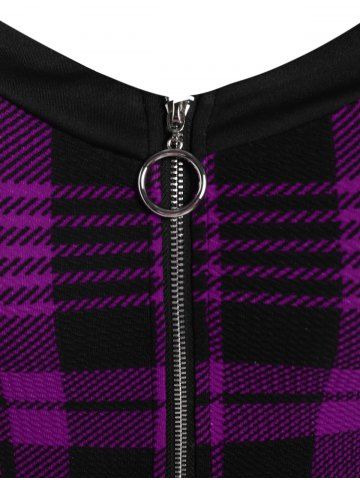 Gothic Plus Size Plaid Colorblock Print Lace Up Half Zipper Patchwork Fit and Flare Dress