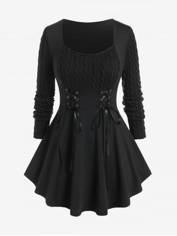 Plus Size Cable Knit Panel Mixed Media Lace Up Tee