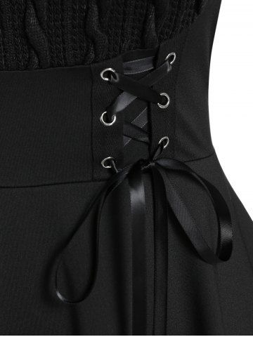 Plus Size Cable Knit Panel Mixed Media Lace Up Tee