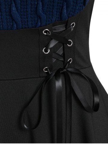 Plus Size Cable Knit Panel Mixed Media Lace Up Tee