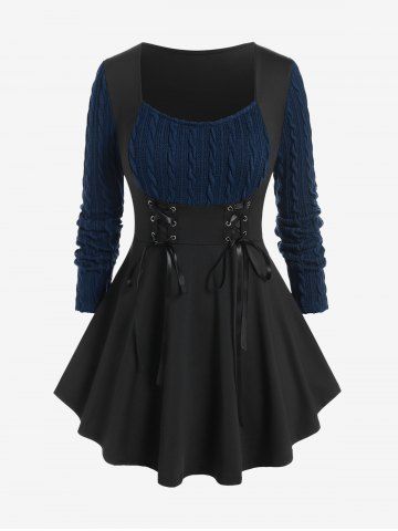 Plus Size Cable Knit Panel Mixed Media Lace Up Tee - DEEP BLUE - 5X | US 30-32