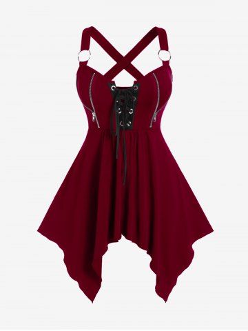Plus Size Lace Up Zipper Crisscross Handkerchief Tank Top - DEEP RED - M | US 10
