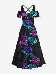 Plus Size Ombre Rose Flower Galaxy Print Crisscross Halloween Costume A Line Maxi Dress -  