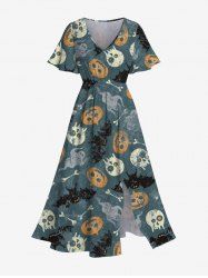 Plus Size Halloween Costume Skulls Ghost Bat Pumpkin Print Split Midi Dress -  