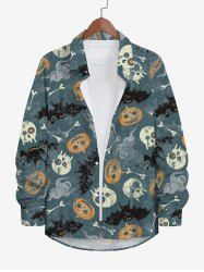 Plus Size Halloween Costume Skulls Ghost Bat Pumpkin Print Buttons Long Sleeve Shirt For Men -  
