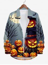 Plus Size Halloween Costume Hat Pumpkin Bat Tree Moon Print Buttons Long Sleeve Shirt For Men -  