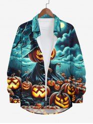 Plus Size Halloween Costume Pumpkin Hat Wizard Bat Cloud Print Buttons Long Sleeve Shirt For Men -  
