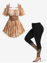 Tie Dye Leaf Printed Lace Up Corset 2 In 1 Cold Shoulder Plisse Blouse and Glitter 3D Print Leggings Plus Size Outfit -  
