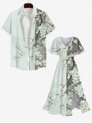 Colorblock Peach Blossom Flower Branch Print Plus Size Matching Hawaii Beach Outfit For Couples -  