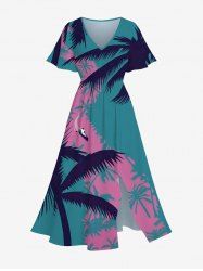 Plus Size Coconut Tree River Print Hawaii Split Pocket A Line Midi Dress -  