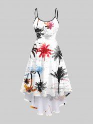 Plus Size Ink Painting Colorful Coconut Tree Print Hawaii High Low Asymmetric Cami Dress -  