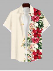 Plus Size Tropical Leaf Hibiscus Flower Print Buttons Pocket Hawaii Shirt For Men -  