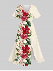 Robe Mi-Longue Fendue Fleur D'Hibiscus et Feuille Tropicale Imprimées de Grande Taille - Beige XXS