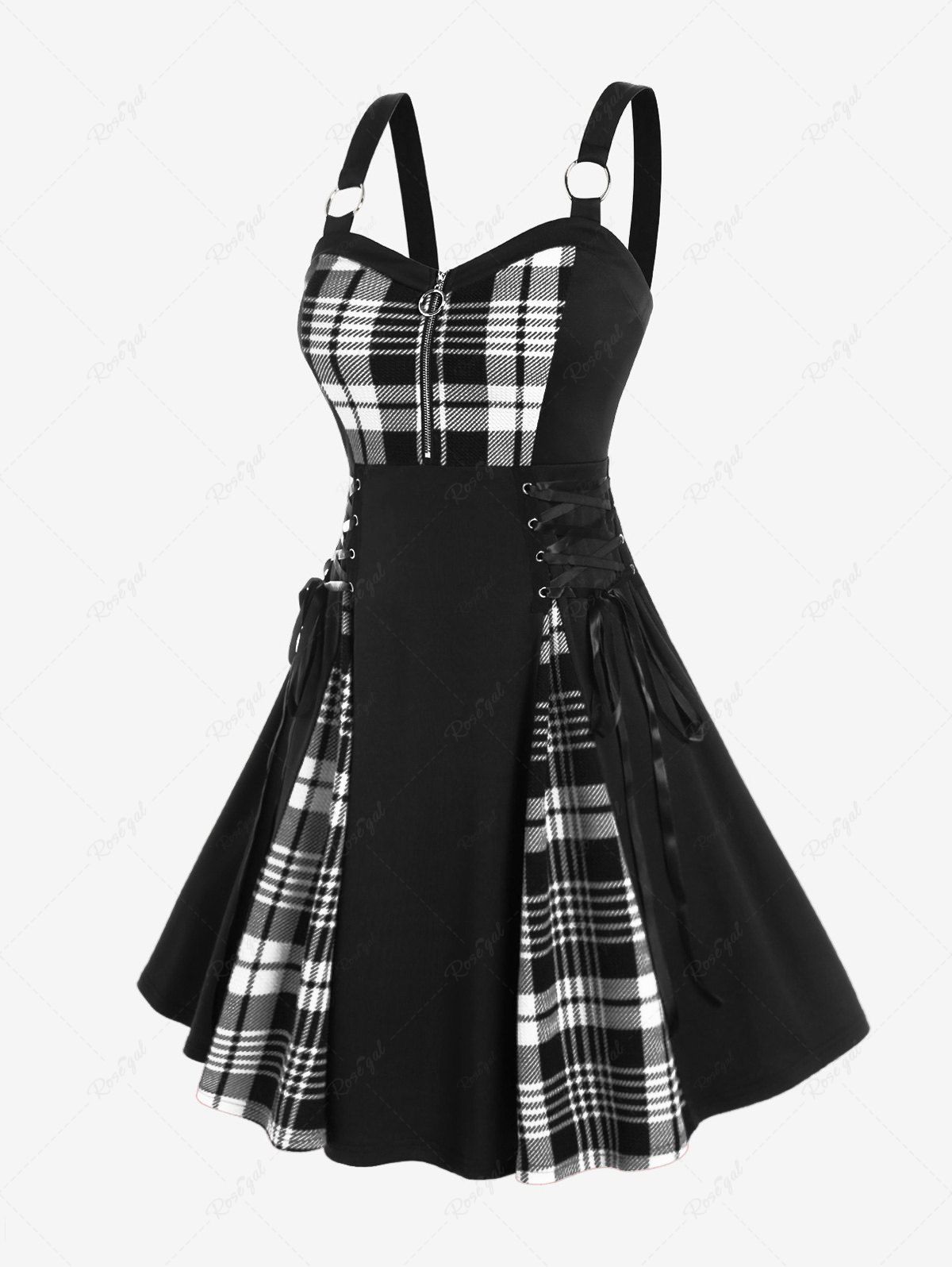 Cheap Plus Size Plaid Colorblock Print Lace Up Half Zipper Patchwork Fit and Flare Dress  