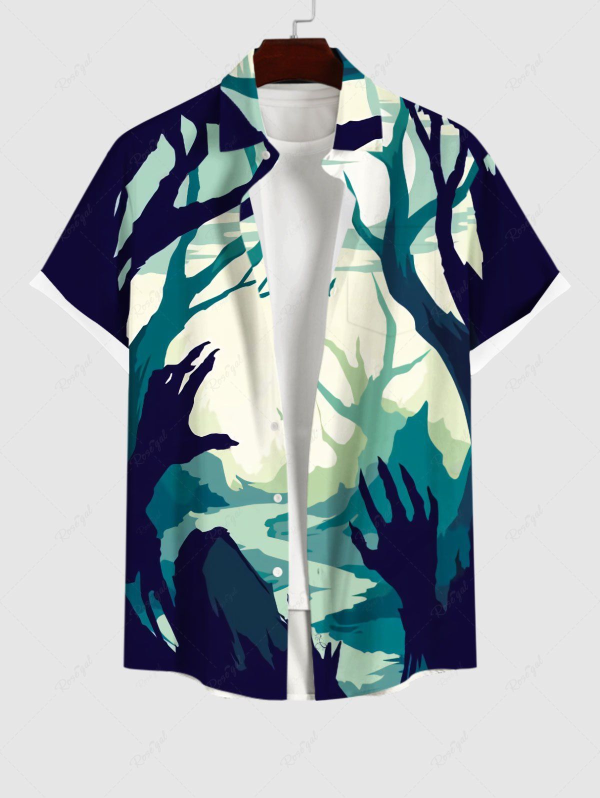 Sale Plus Size Moon Tree Mountain River Palm Colorblock  Print Halloween Button Pocket Shirt For Men  