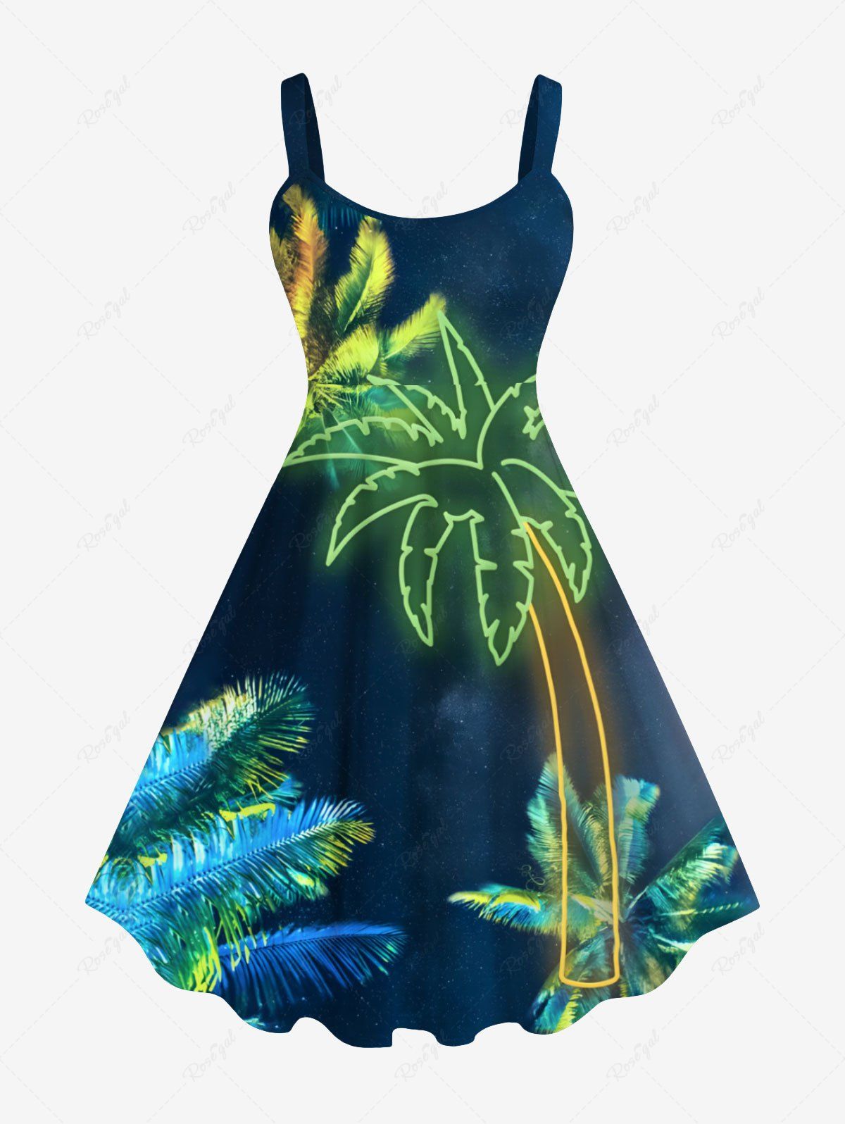 Best Plus Size Glitter Neon Coconut Tree Print Hawaii A Line Tank Dress  