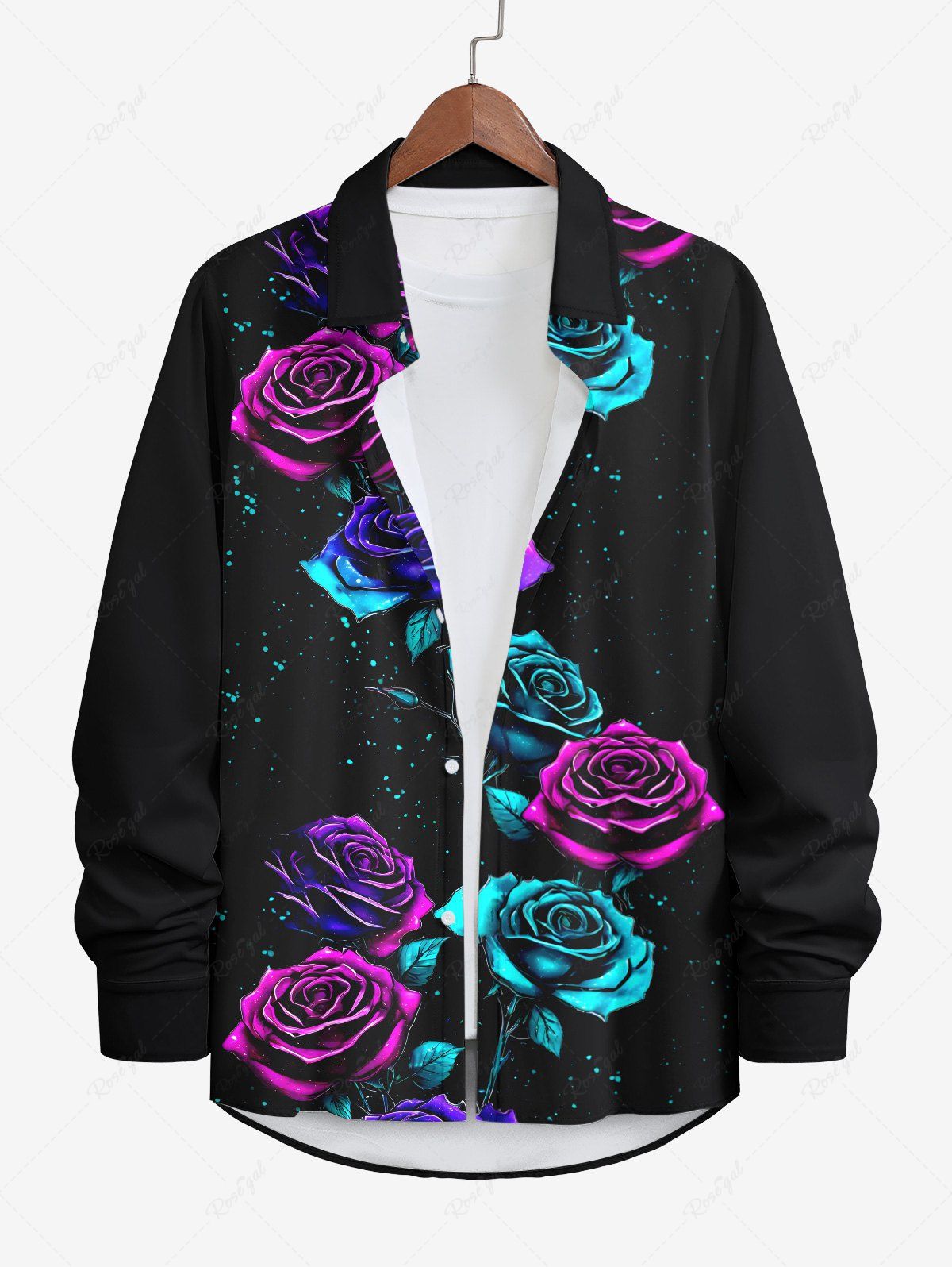Hot Plus Size Ombre Rose Flower Galaxy Print Halloween Button Shirt For Men  