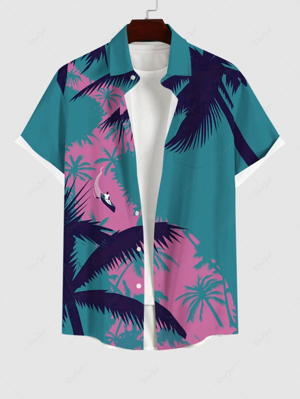 Outfits Plus Size Coconut Tree River Print Hawaii Button Pocket Shirt For Men  