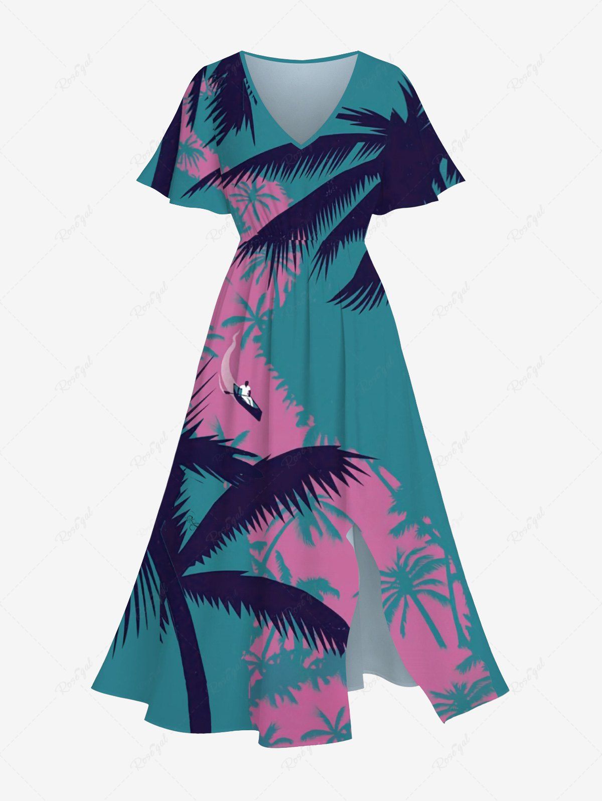 Sale Plus Size Coconut Tree River Print Hawaii Split Pocket A Line Midi Dress  