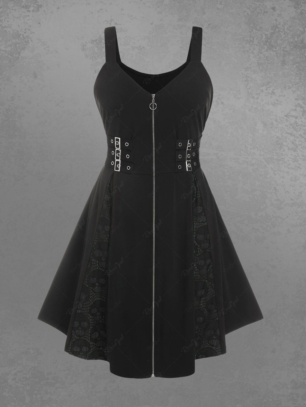 Discount Plus Size Skull Mesh Lace Patchwork Full Zipper Straps Grommet Buckle A Line Tank Dress  