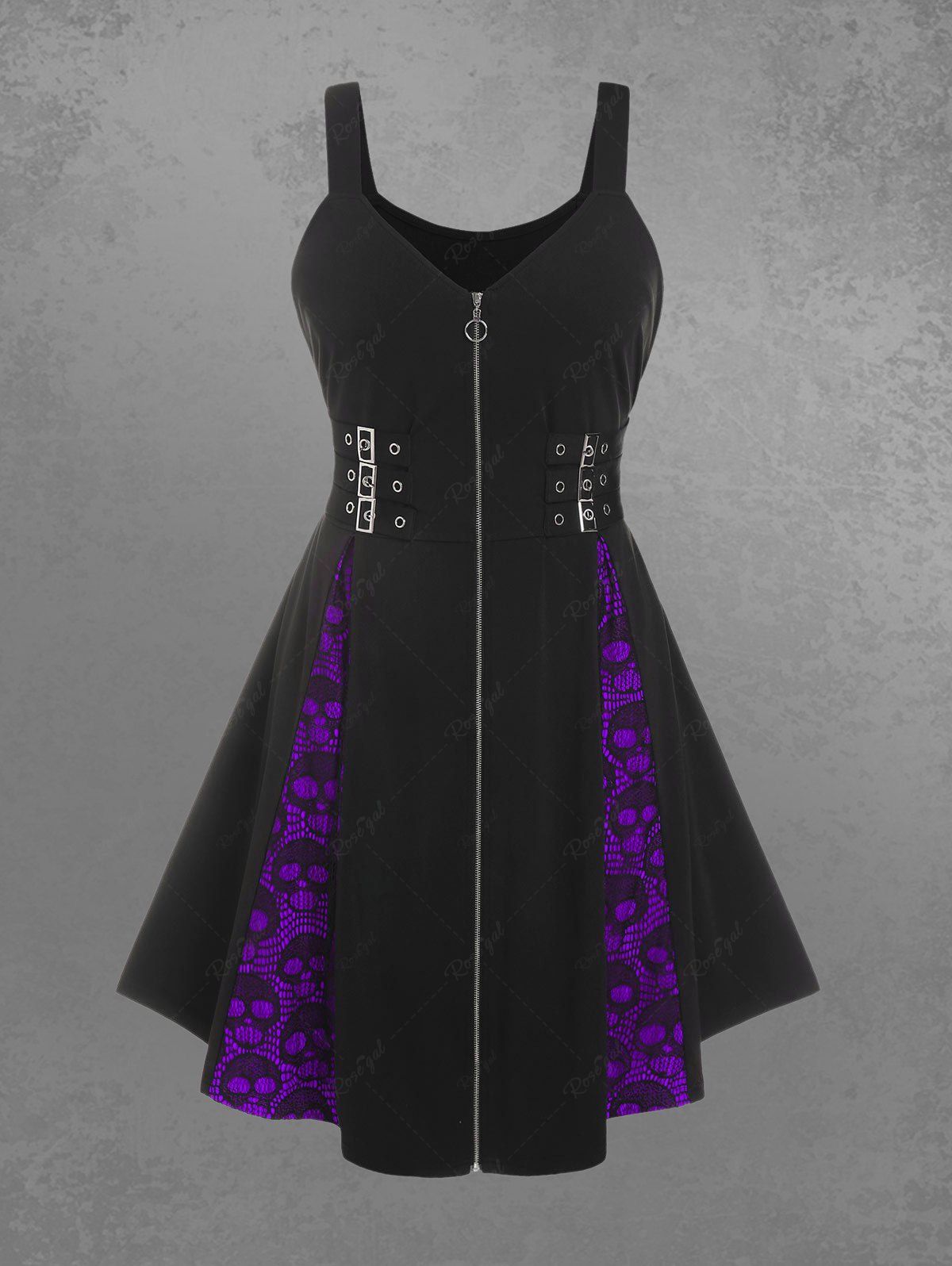 Chic Plus Size Skull Mesh Lace Patchwork Full Zipper Straps Grommet Buckle A Line Tank Dress  