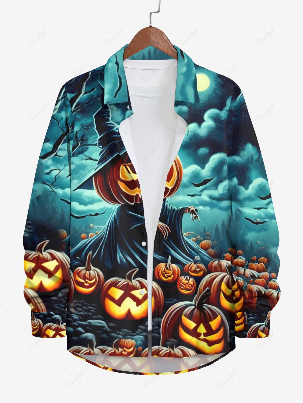 Cheap Plus Size Halloween Costume Pumpkin Hat Wizard Bat Cloud Print Buttons Long Sleeve Shirt For Men  