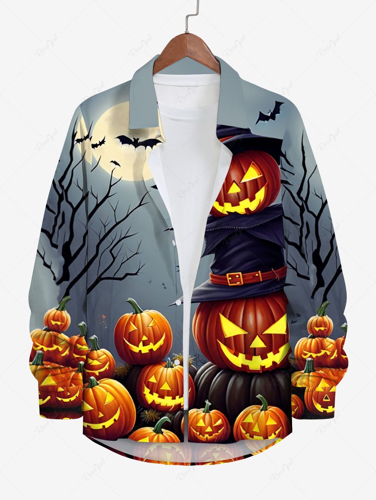 Hot Plus Size Halloween Costume Hat Pumpkin Bat Tree Moon Print Buttons Long Sleeve Shirt For Men  