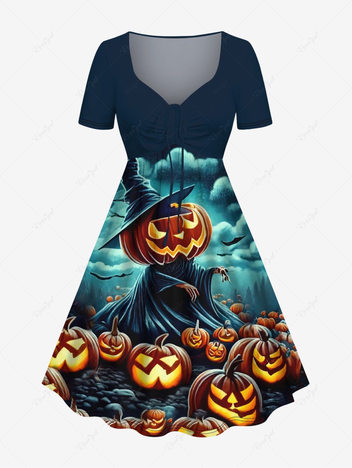 Robe D'Halloween Citrouille et Chauve-souris Imprimés Grande Taille Multi-A M