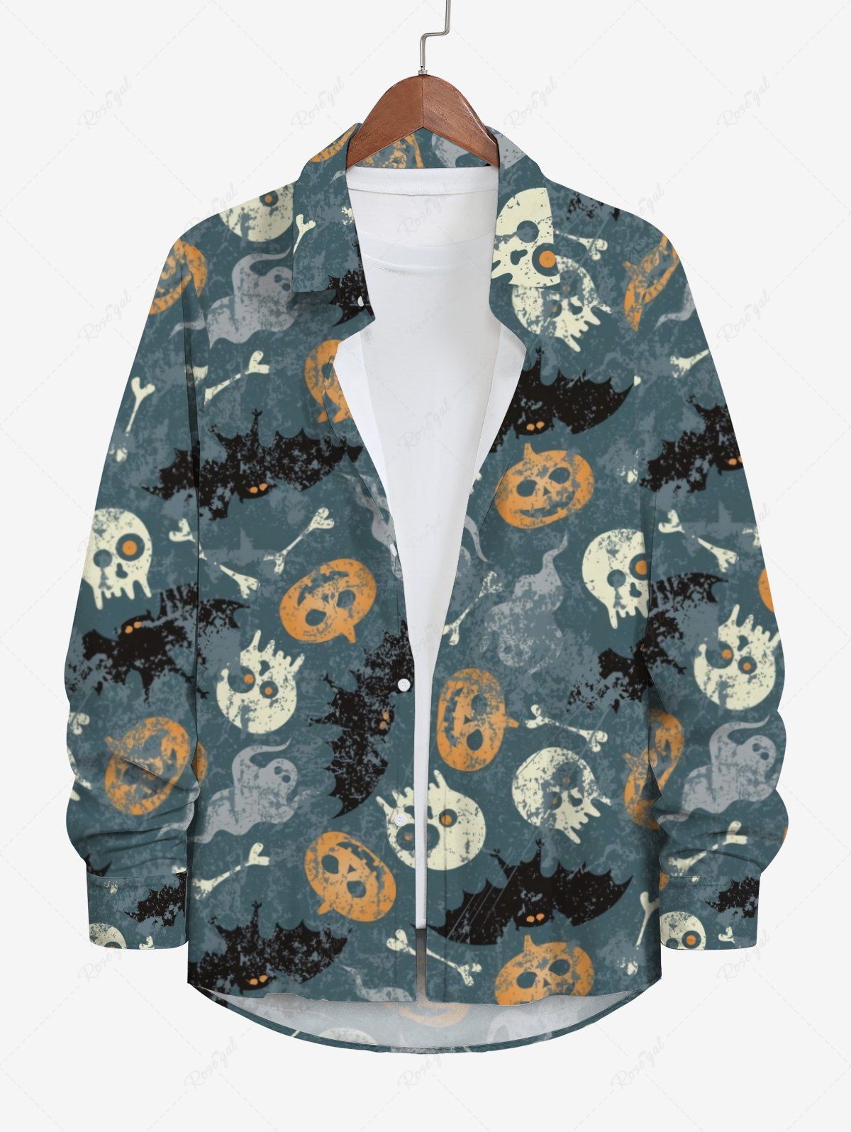 Outfit Plus Size Halloween Costume Skulls Ghost Bat Pumpkin Print Buttons Long Sleeve Shirt For Men  