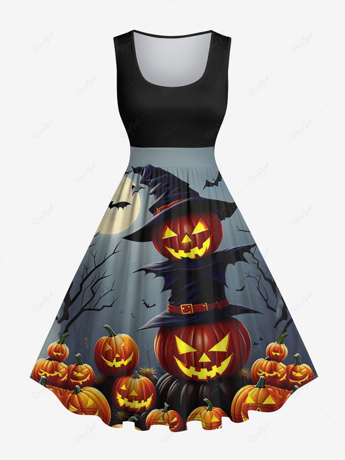 Robe D'Halloween Vintage Citrouille Chauve-souris Imprimés Grande Taille Multi-A 2X