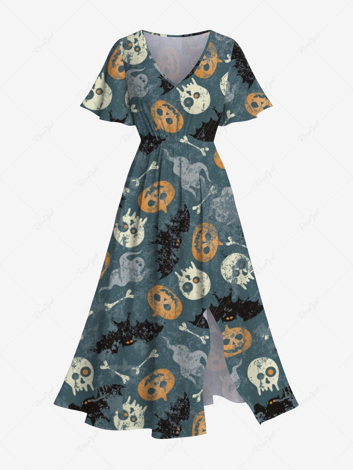 Sale Plus Size Halloween Costume Skulls Ghost Bat Pumpkin Print Split Midi Dress  