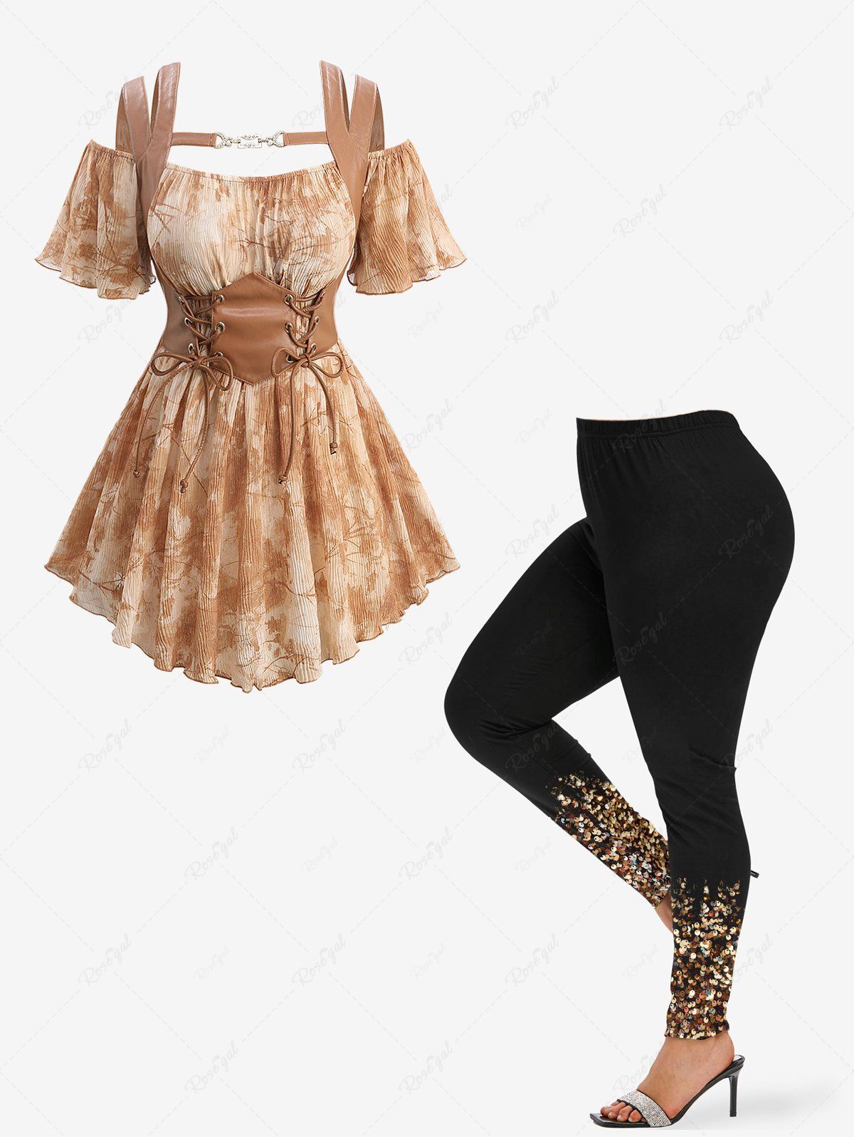 Tie Dye Leaf Printed Lace Up Corset 2 In 1 Cold Shoulder Plisse Blouse and Glitter 3D Print Leggings Plus Size Outfit