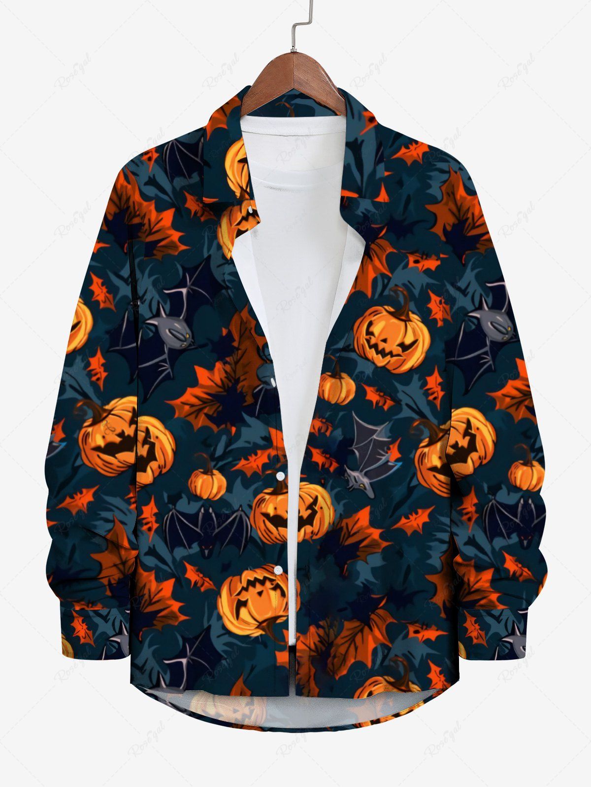 Chemise D'Halloween Citrouille Feuille Chauve-souris Imprimés avec Bouton de Grande Taille pour Homme Noir 8XL