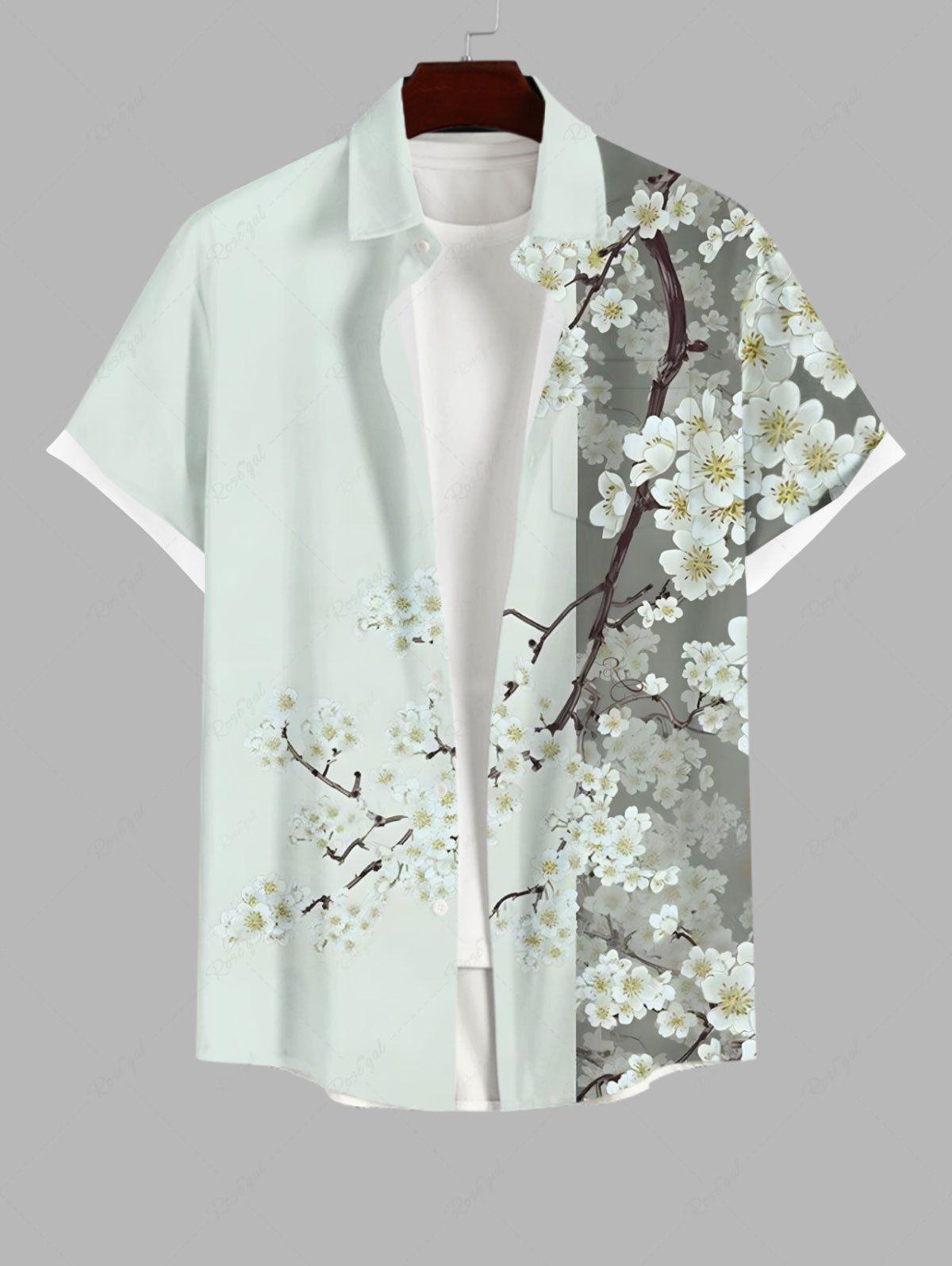 Fancy Plus Size Peach Blossom Flower Branch Colorblock Print Buttons Pocket Hawaii Shirt For Men  